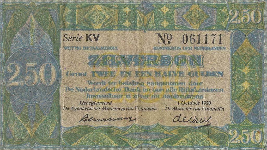 Zilverbon 2,5 gulden uitgeven in 1920. zilverbon 1920